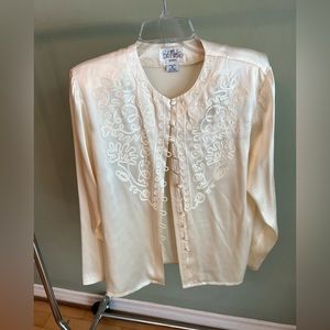 Vintage 80's Bob Mackie 100% Silk Applique Button Front Blouse Cream Size 6